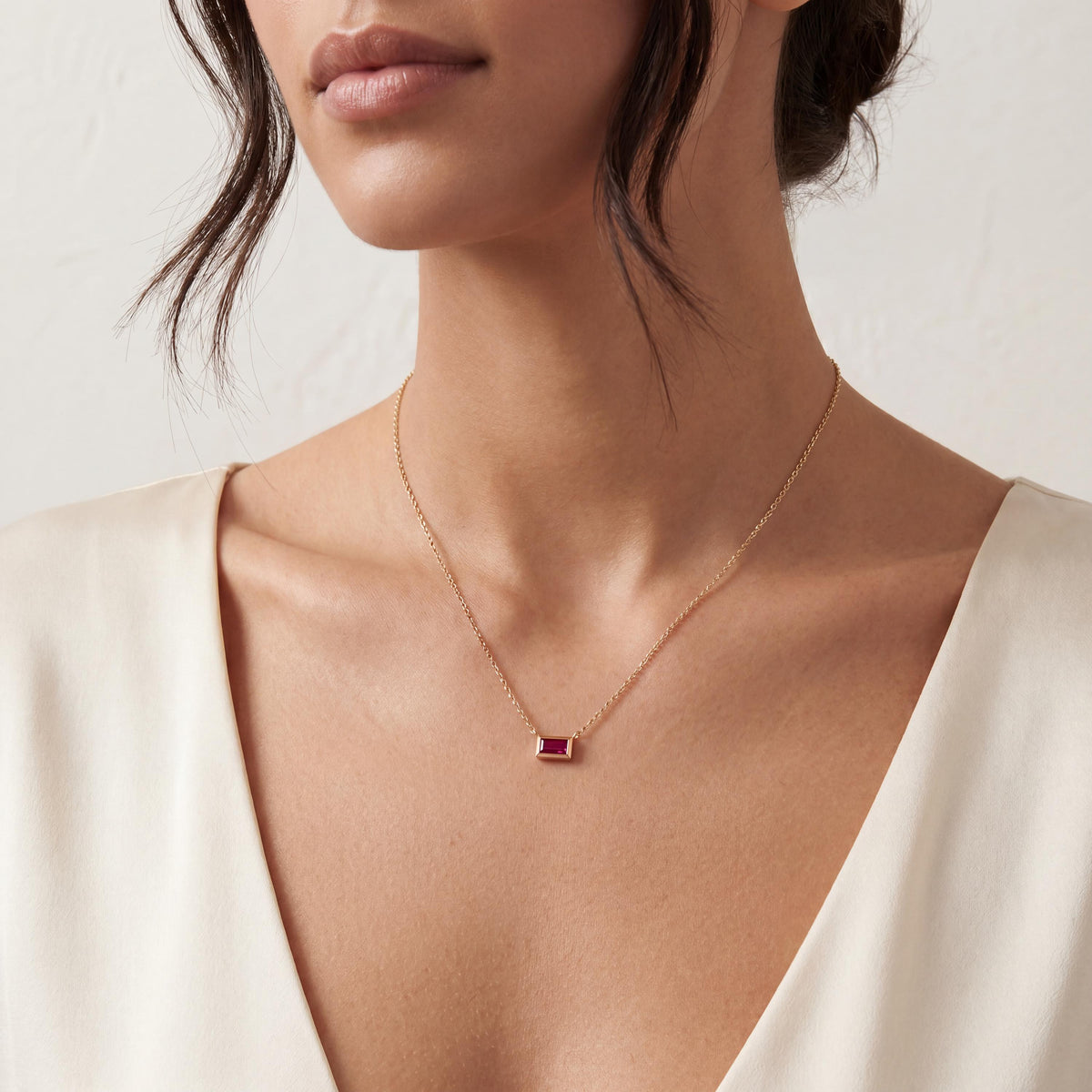 Baguette Ruby Solitaire Dainty Bezel Set 14K Solid Gold Pendant Necklace