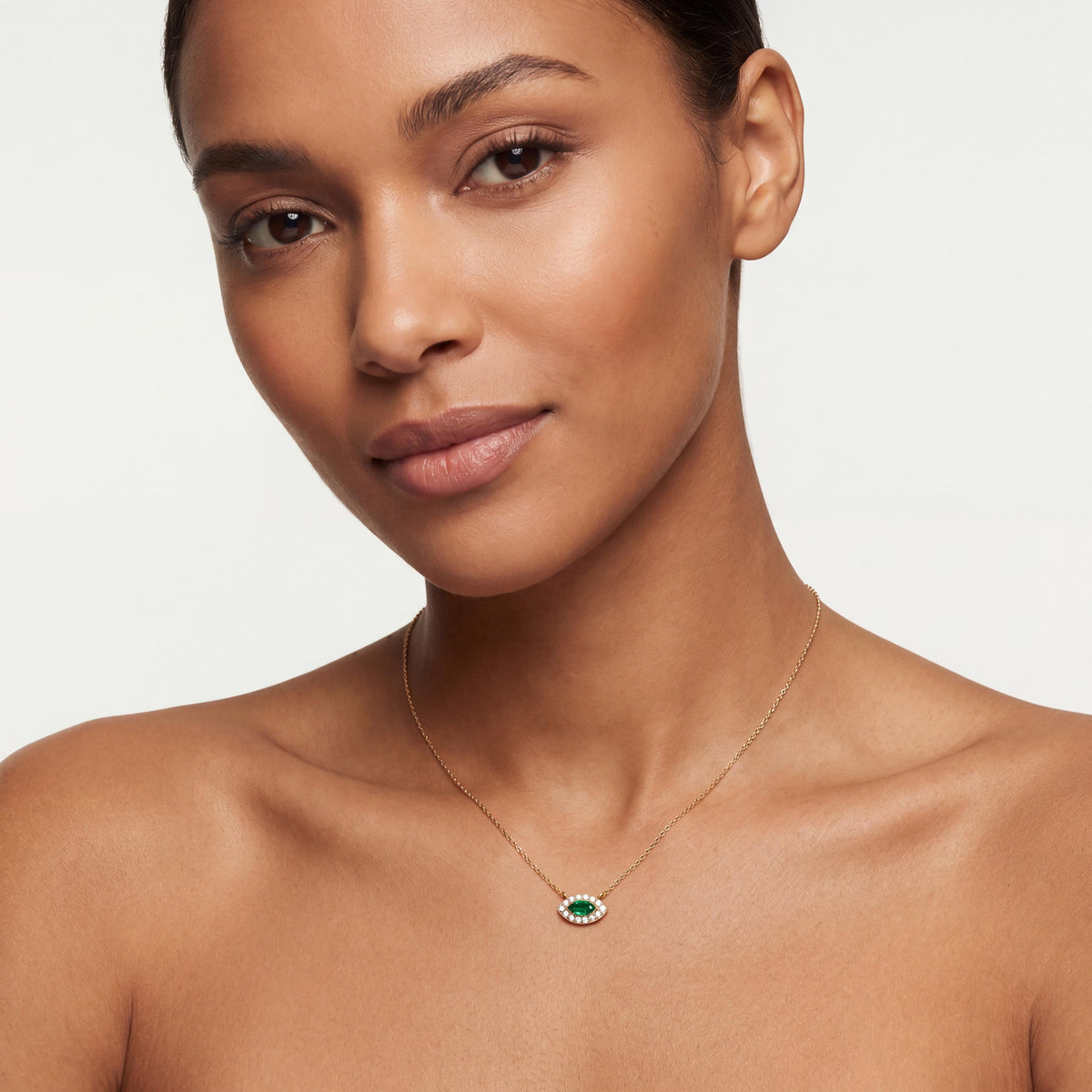 Marquise Emerald & Diamond Halo Eye Shape 14K Solid Gold Pendant Necklace
