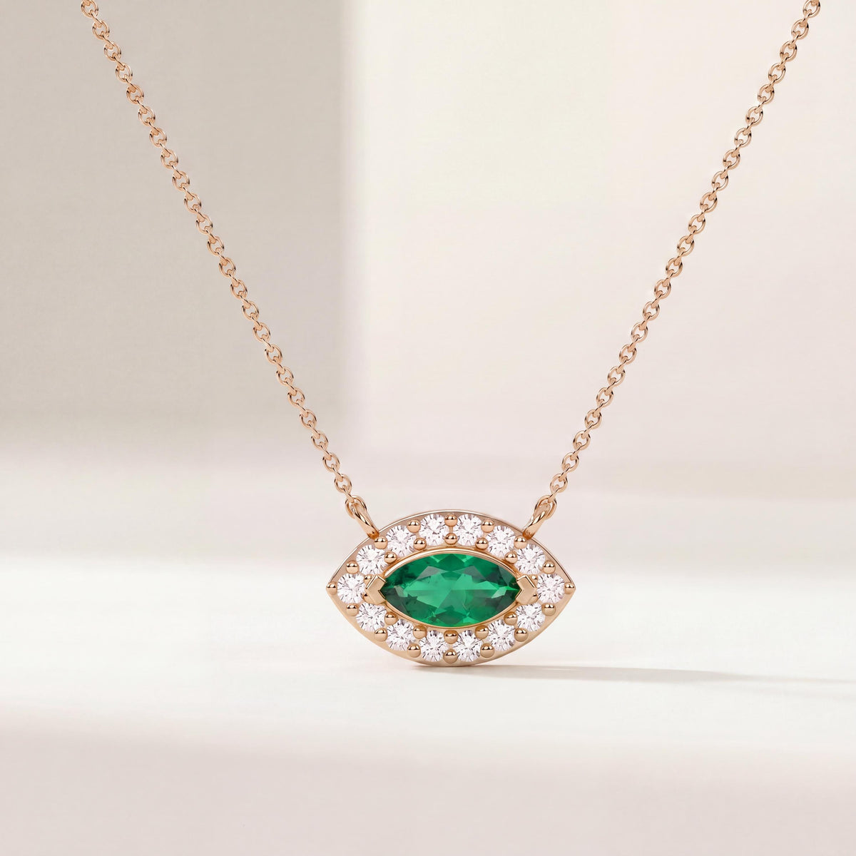 Marquise Emerald & Diamond Halo Eye Shape 14K Solid Gold Pendant Necklace