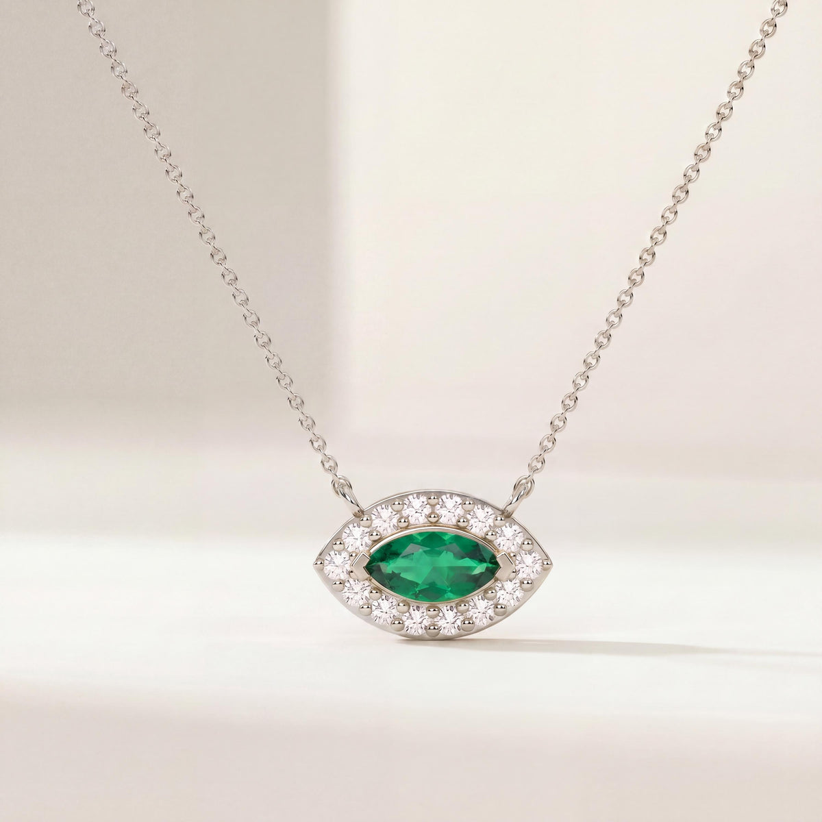 Marquise Emerald & Diamond Halo Eye Shape 14K Solid Gold Pendant Necklace