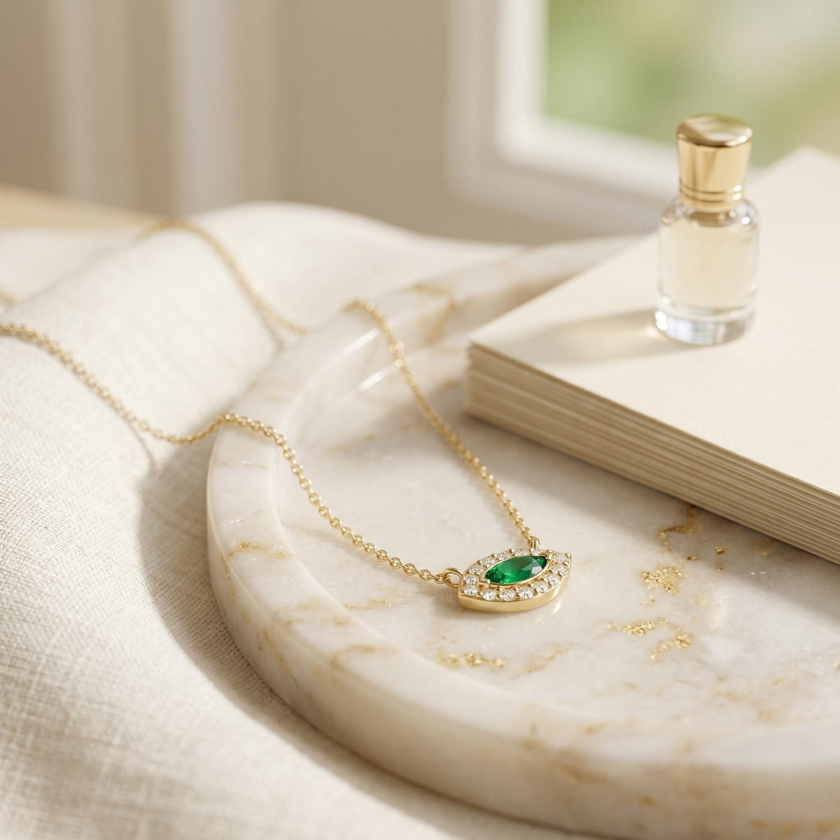 Marquise Emerald & Diamond Halo Eye Shape 14K Solid Gold Pendant Necklace