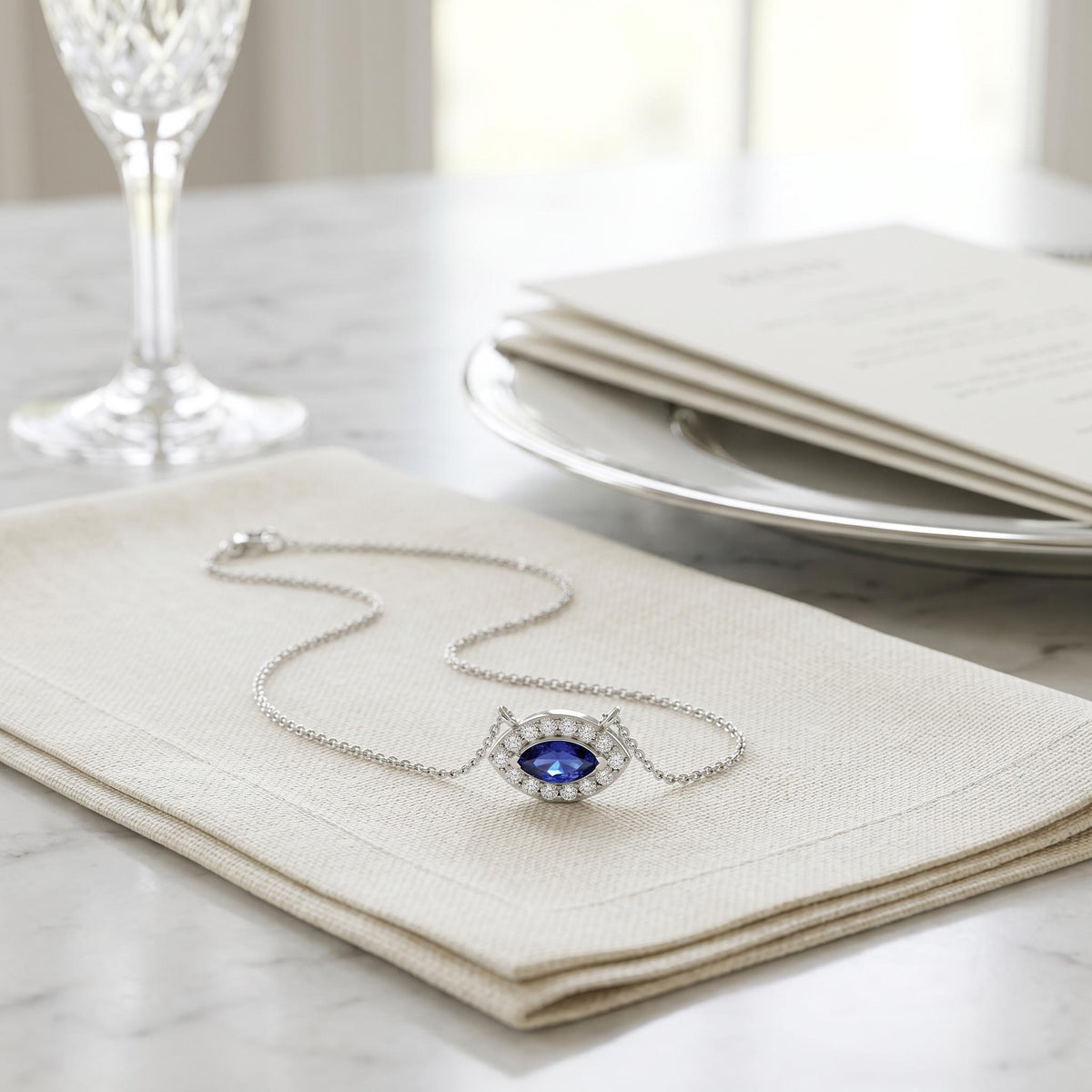 Marquise Sapphire & Diamond Halo Eye Shape 14K Solid Gold Pendant Necklace