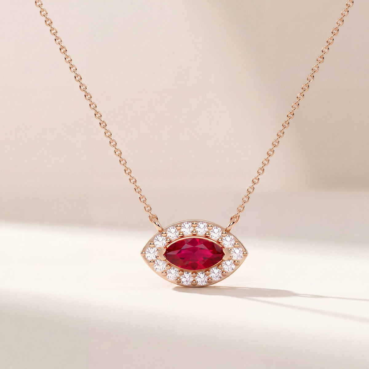 Marquise Ruby & Diamond Halo Eye Shape 14K Solid Gold Pendant Necklace
