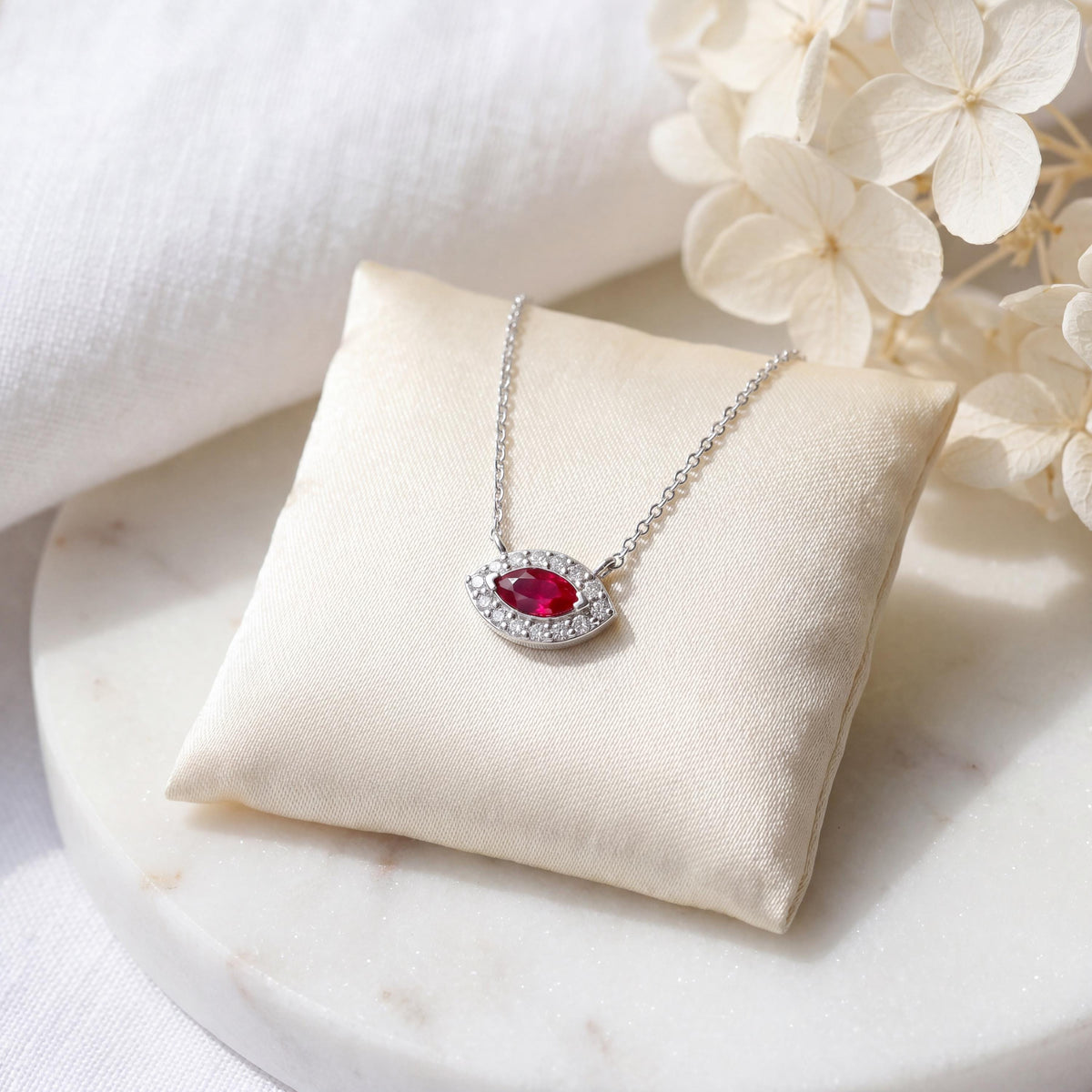 Marquise Ruby & Diamond Halo Eye Shape 14K Solid Gold Pendant Necklace