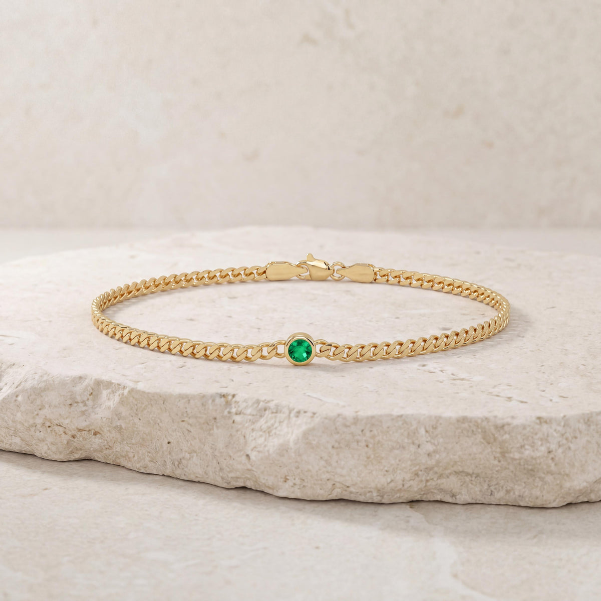 Round Brilliant Cut Bezel Set Emerald Solitaire 14K Solid Gold Cuban Curb Link Bracelet
