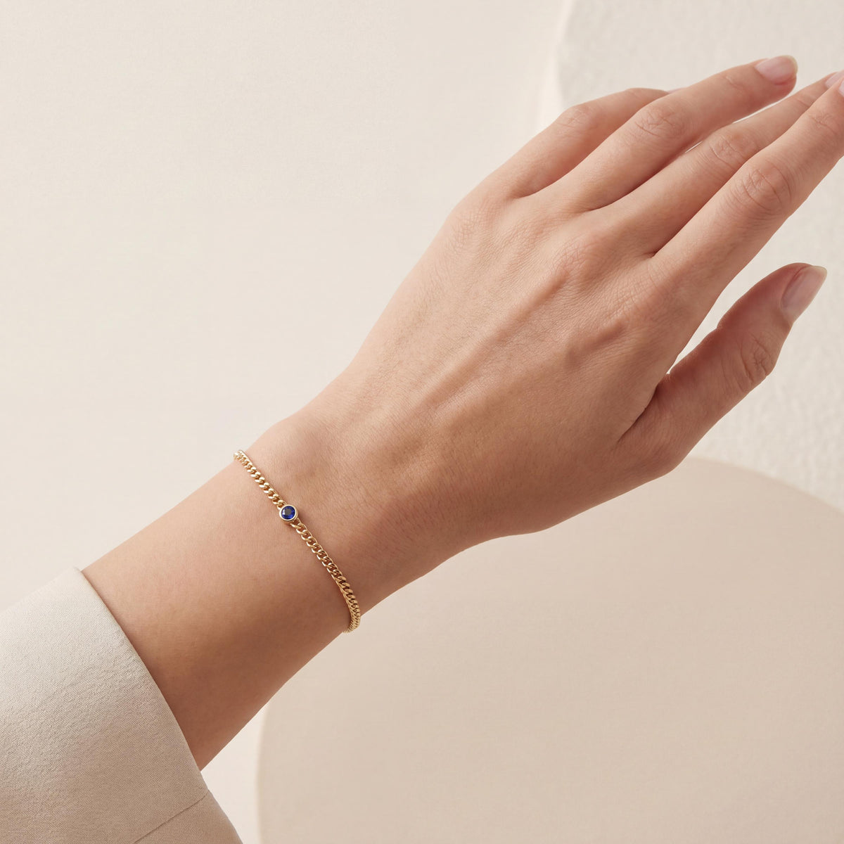 Round Brilliant Cut Bezel Set Sapphire Solitaire 14K Solid Gold Cuban Curb Link Bracelet