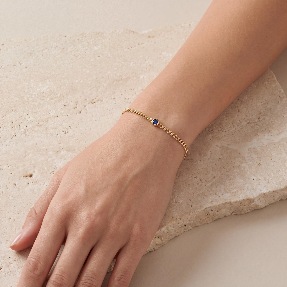 Round Brilliant Cut Bezel Set Sapphire Solitaire 14K Solid Gold Cuban Curb Link Bracelet