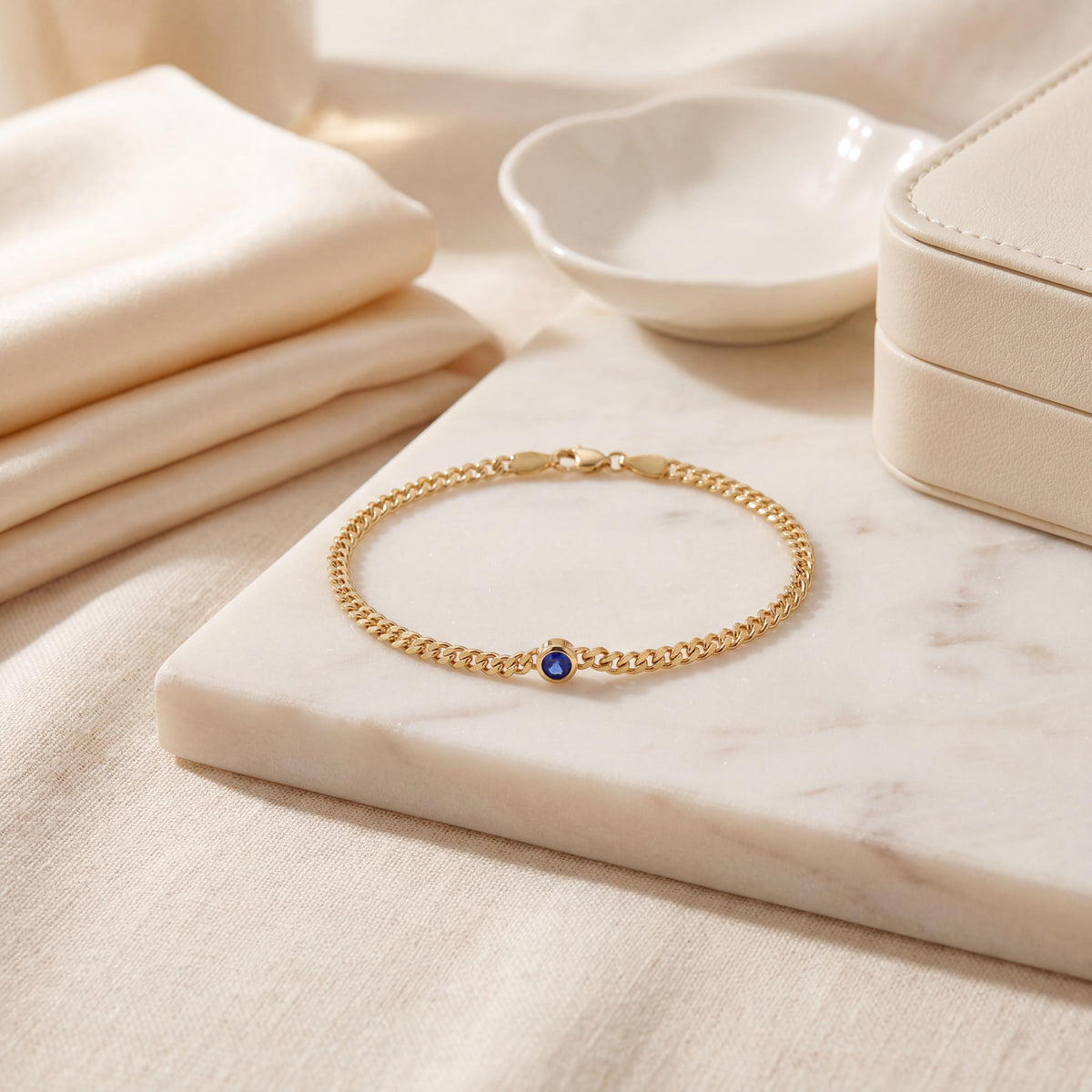 Round Brilliant Cut Bezel Set Sapphire Solitaire 14K Solid Gold Cuban Curb Link Bracelet