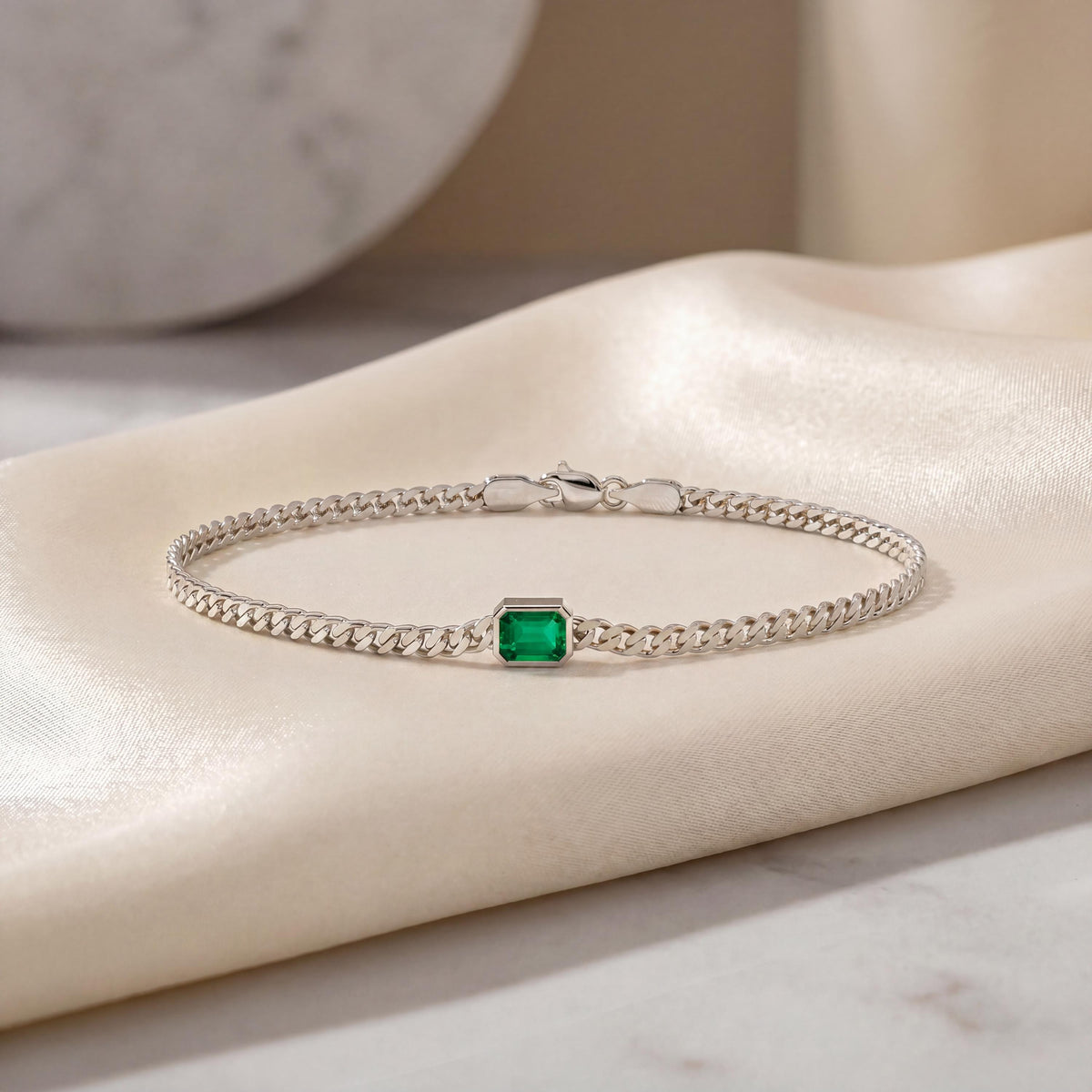 Emerald Cut Bezel Set Emerald Solitaire 14K Solid Gold Cuban Curb Link Bracelet