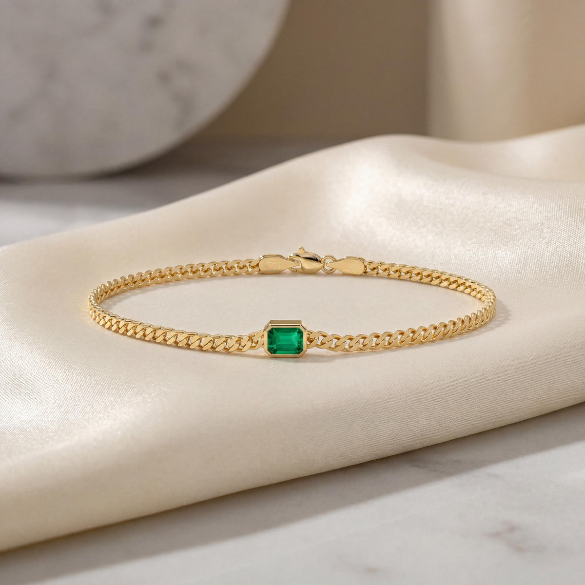 Emerald Cut Bezel Set Emerald Solitaire 14K Solid Gold Cuban Curb Link Bracelet