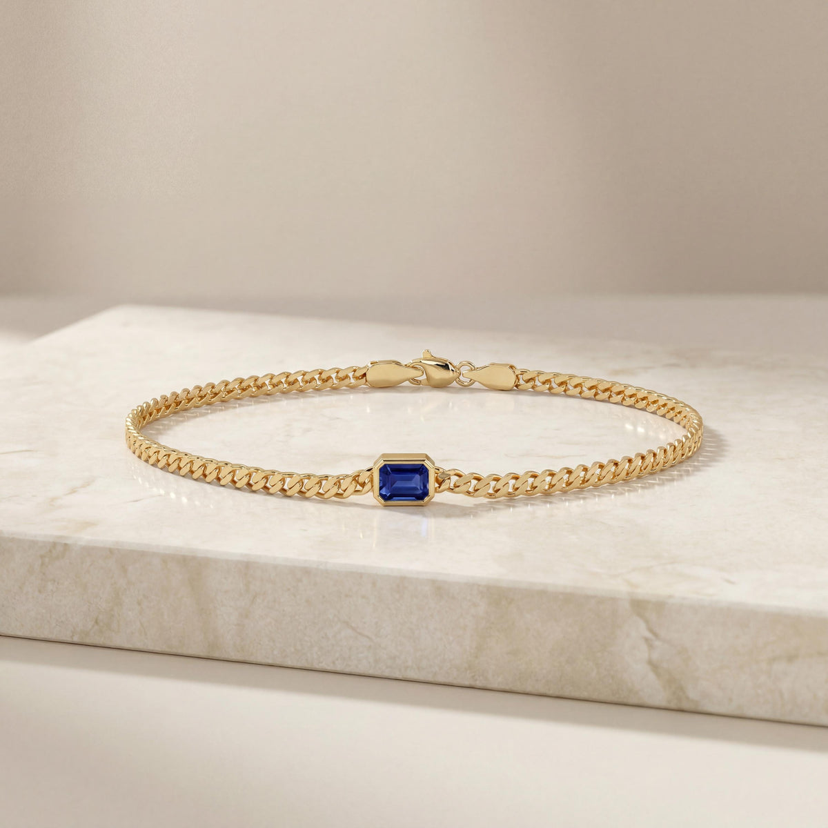 Emerald Cut Bezel Set Sapphire Solitaire 14K Solid Gold Cuban Curb Link Bracelet