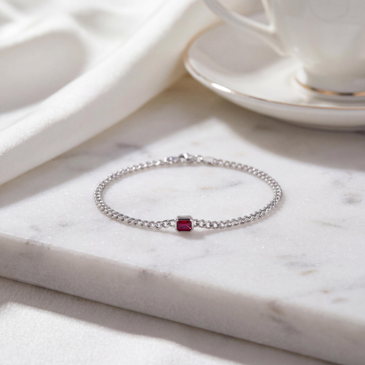 Emerald Cut Bezel Set Ruby Solitaire 14K Solid Gold Cuban Curb Link Bracelet