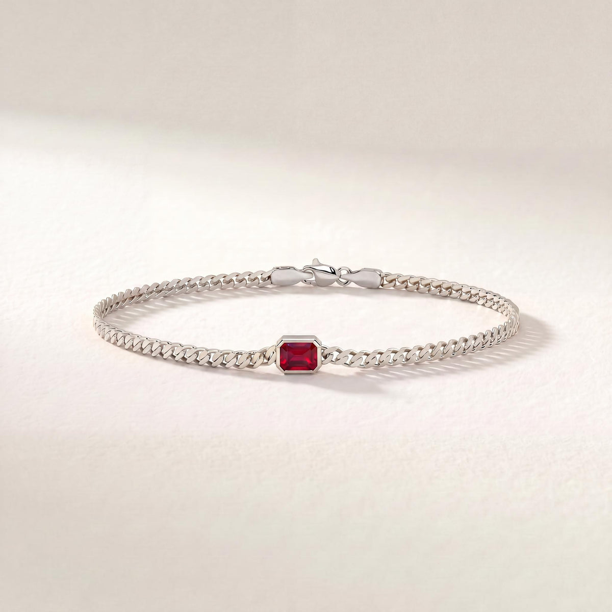 Emerald Cut Bezel Set Ruby Solitaire 14K Solid Gold Cuban Curb Link Bracelet