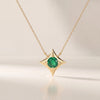 Round Solitaire Emerald Four Point Dainty Star 14K Solid Gold Pendant Necklace