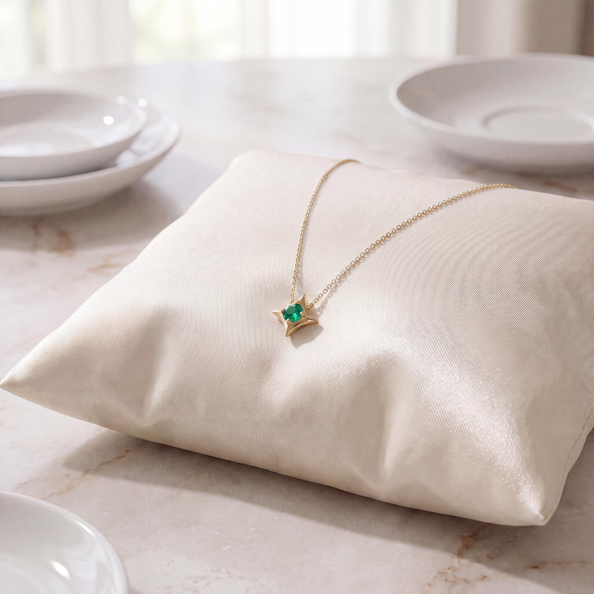 Round Solitaire Emerald Four Point Dainty Star 14K Solid Gold Pendant Necklace