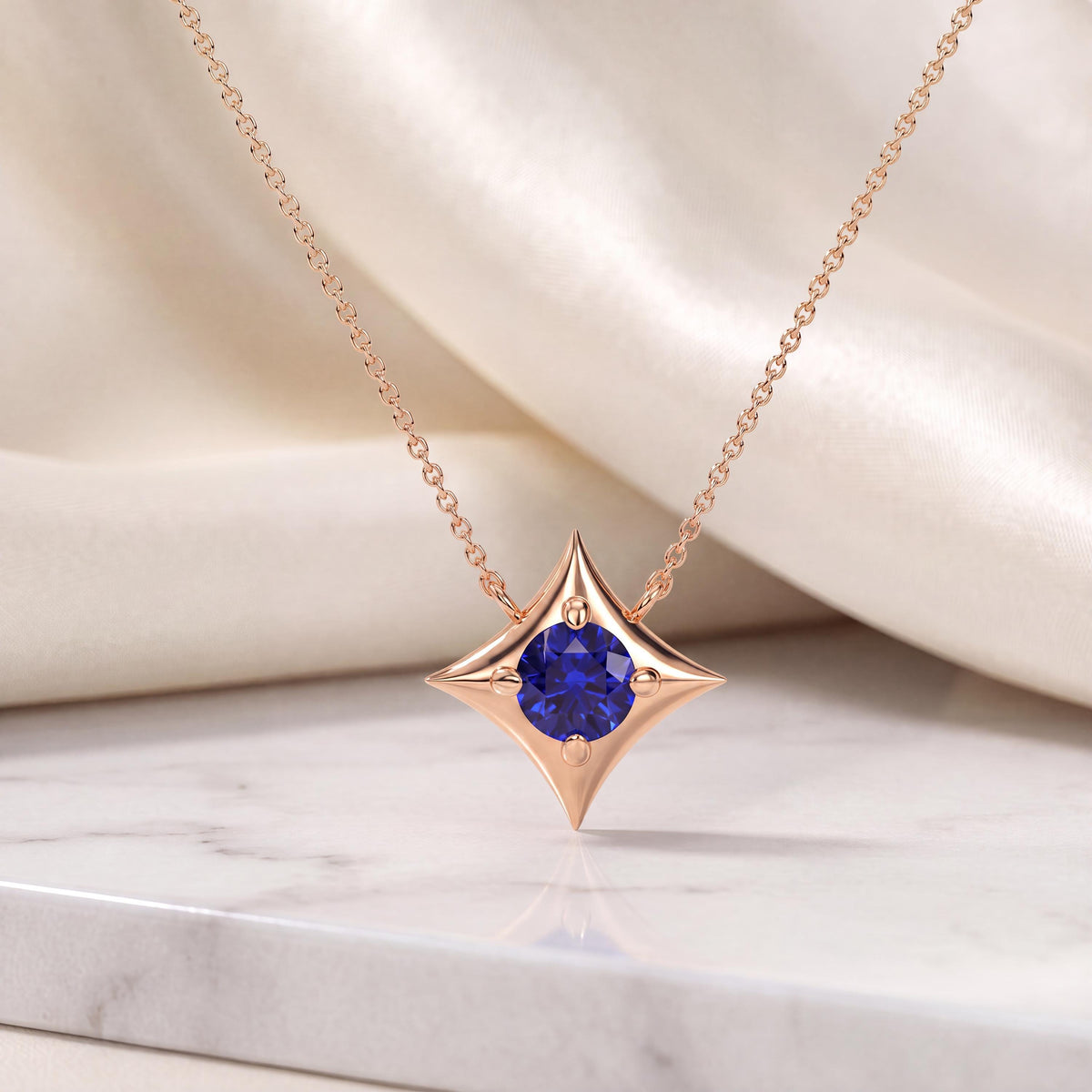 Round Solitaire Sapphire Four Point Dainty Star 14K Solid Gold Pendant Necklace