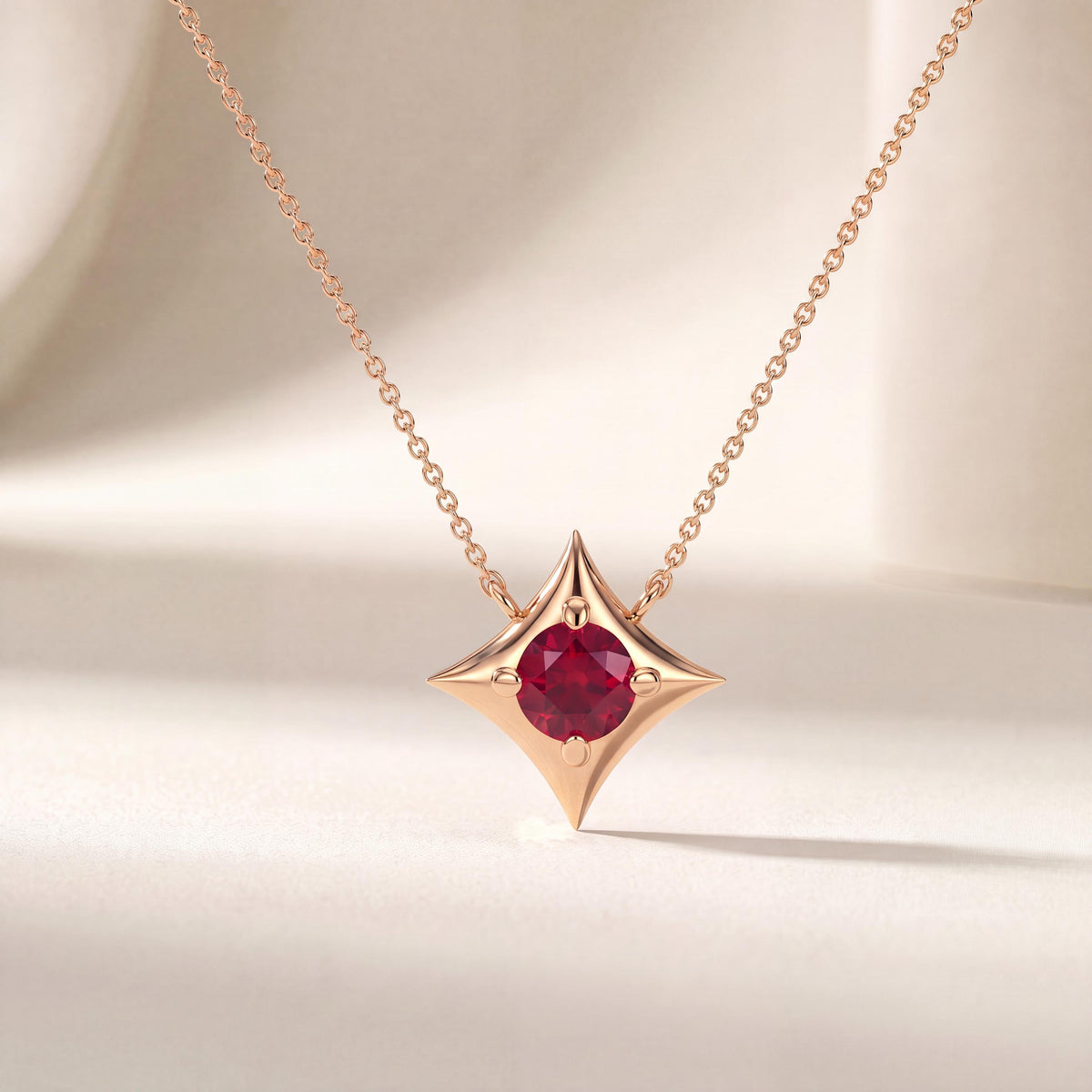 Round Solitaire Ruby Four Point Dainty Star 14K Solid Gold Pendant Necklace
