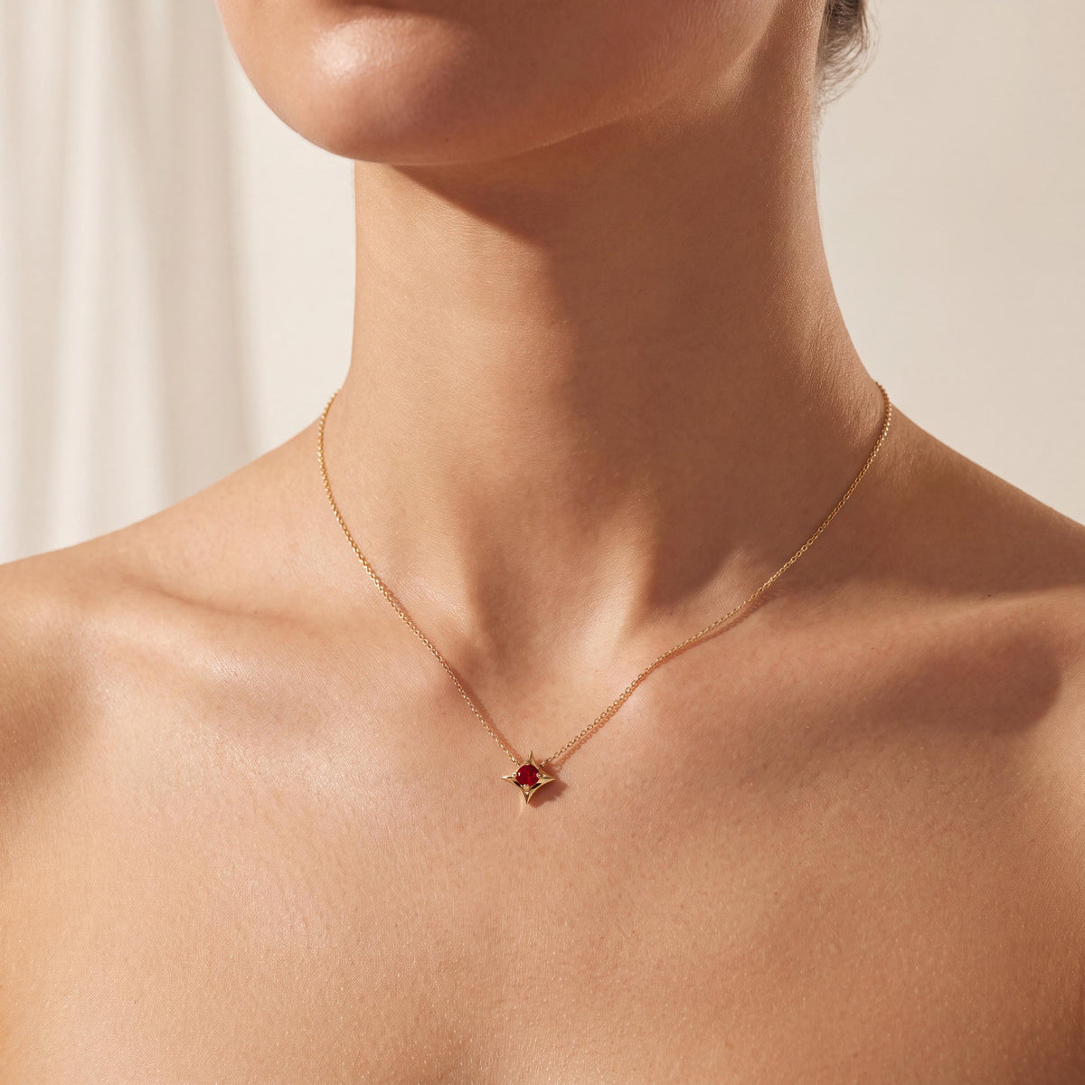 Round Solitaire Ruby Four Point Dainty Star 14K Solid Gold Pendant Necklace