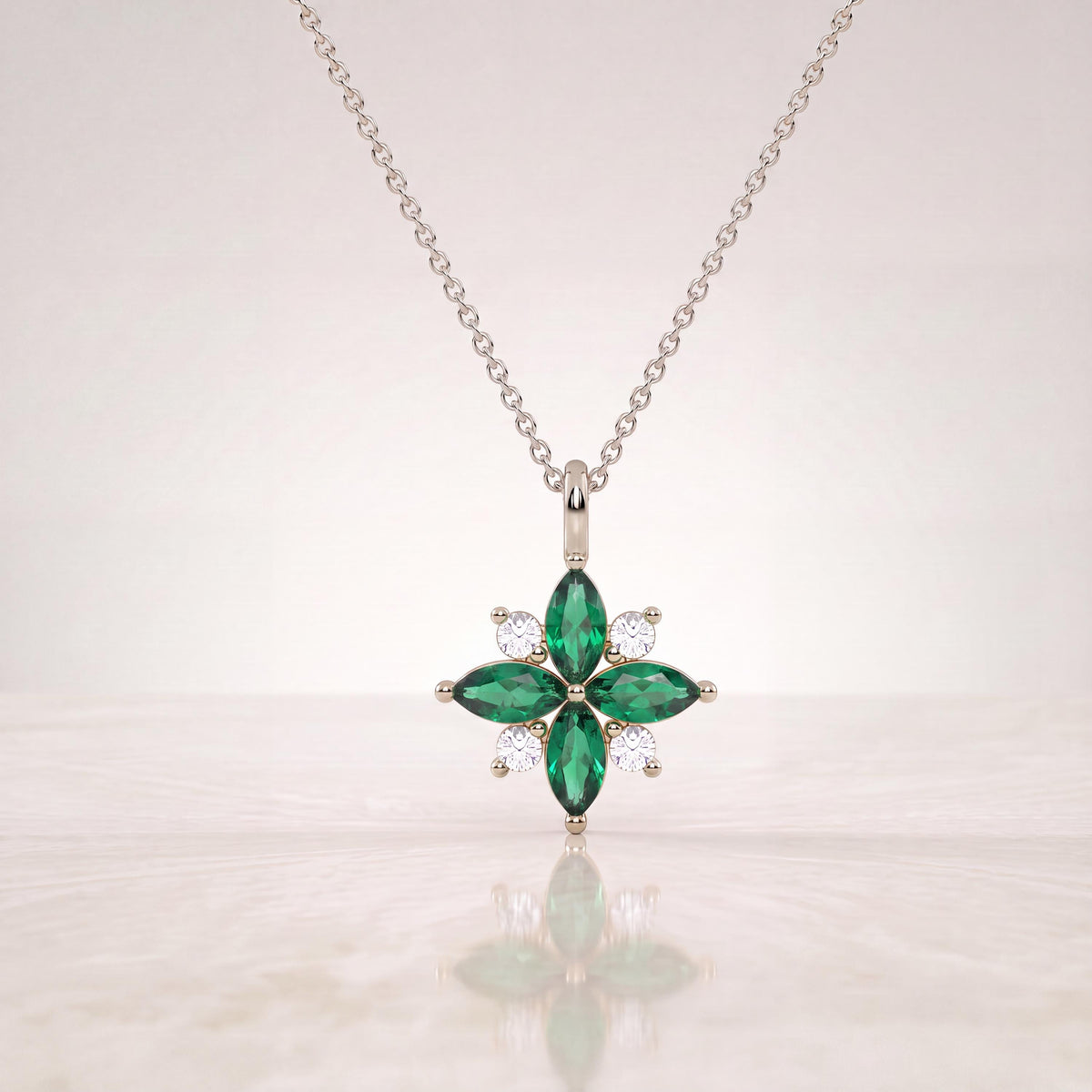 Marquise Emerald & Diamond Dainty Cluster Pendant Necklace 14K Solid Gold