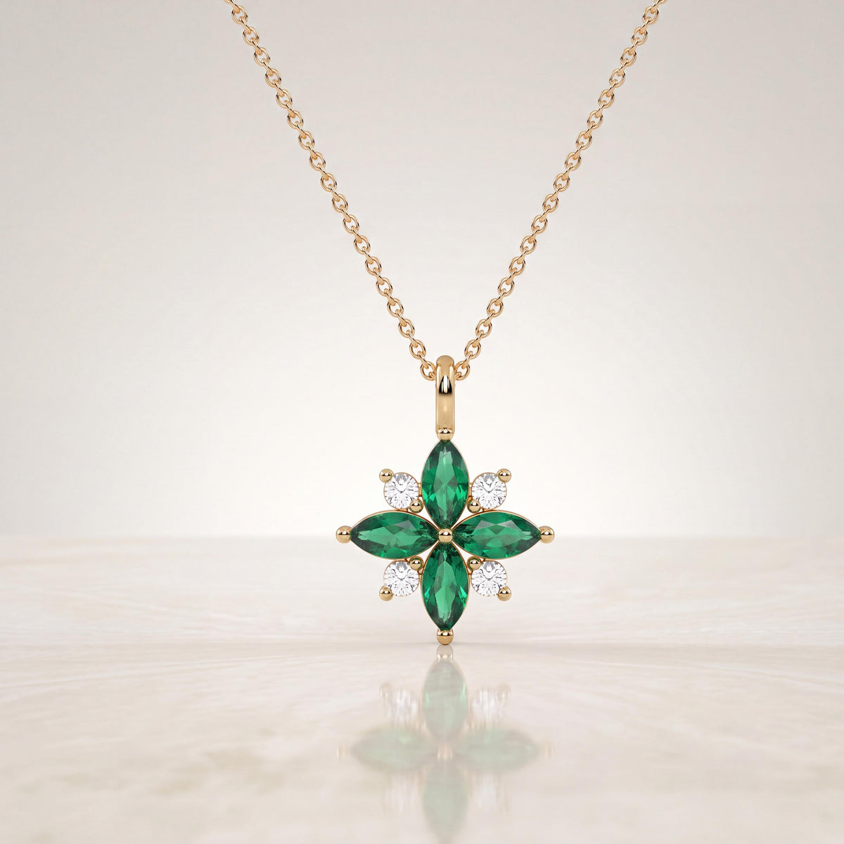Marquise Emerald & Diamond Dainty Cluster Pendant Necklace 14K Solid Gold