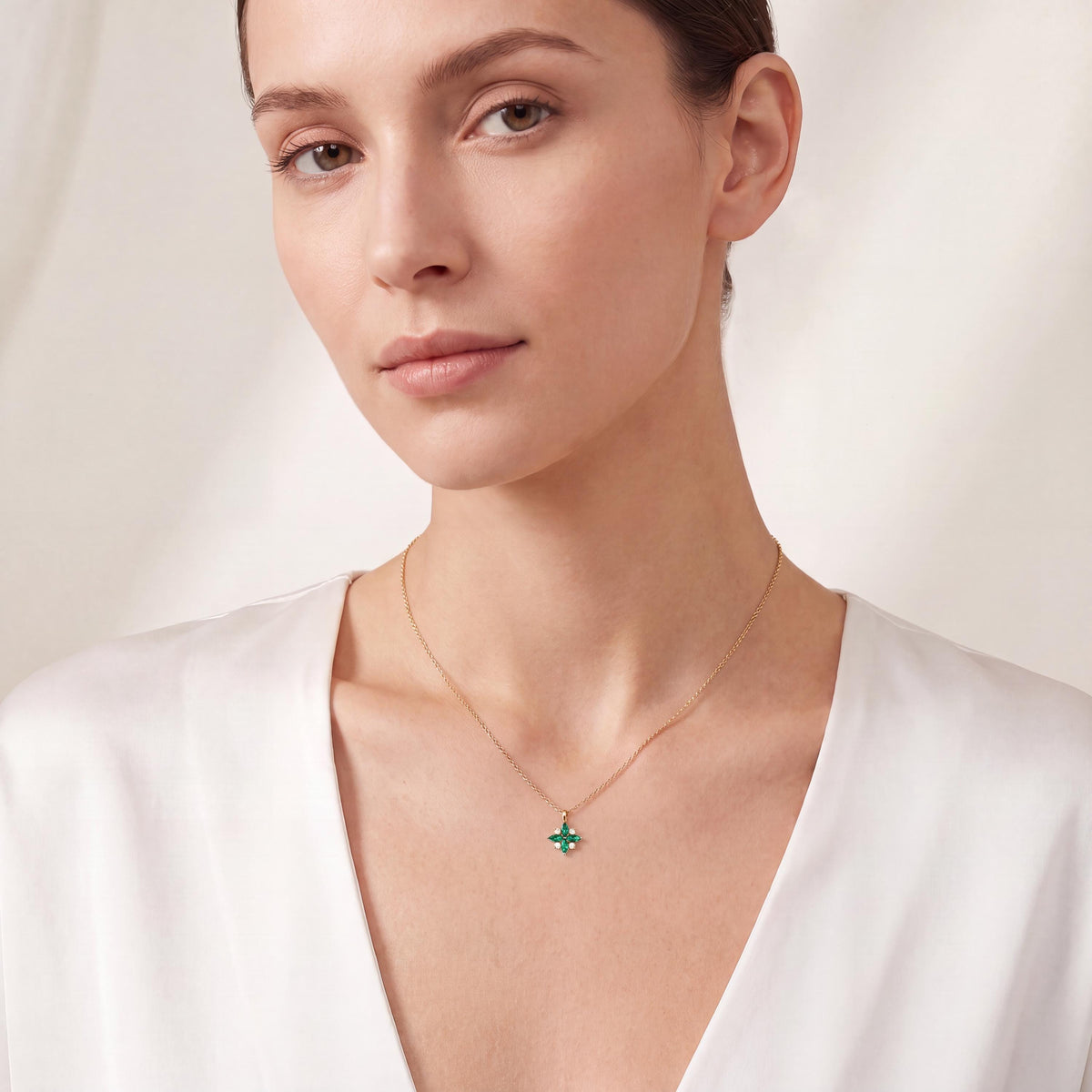 Marquise Emerald & Diamond Dainty Cluster Pendant Necklace 14K Solid Gold