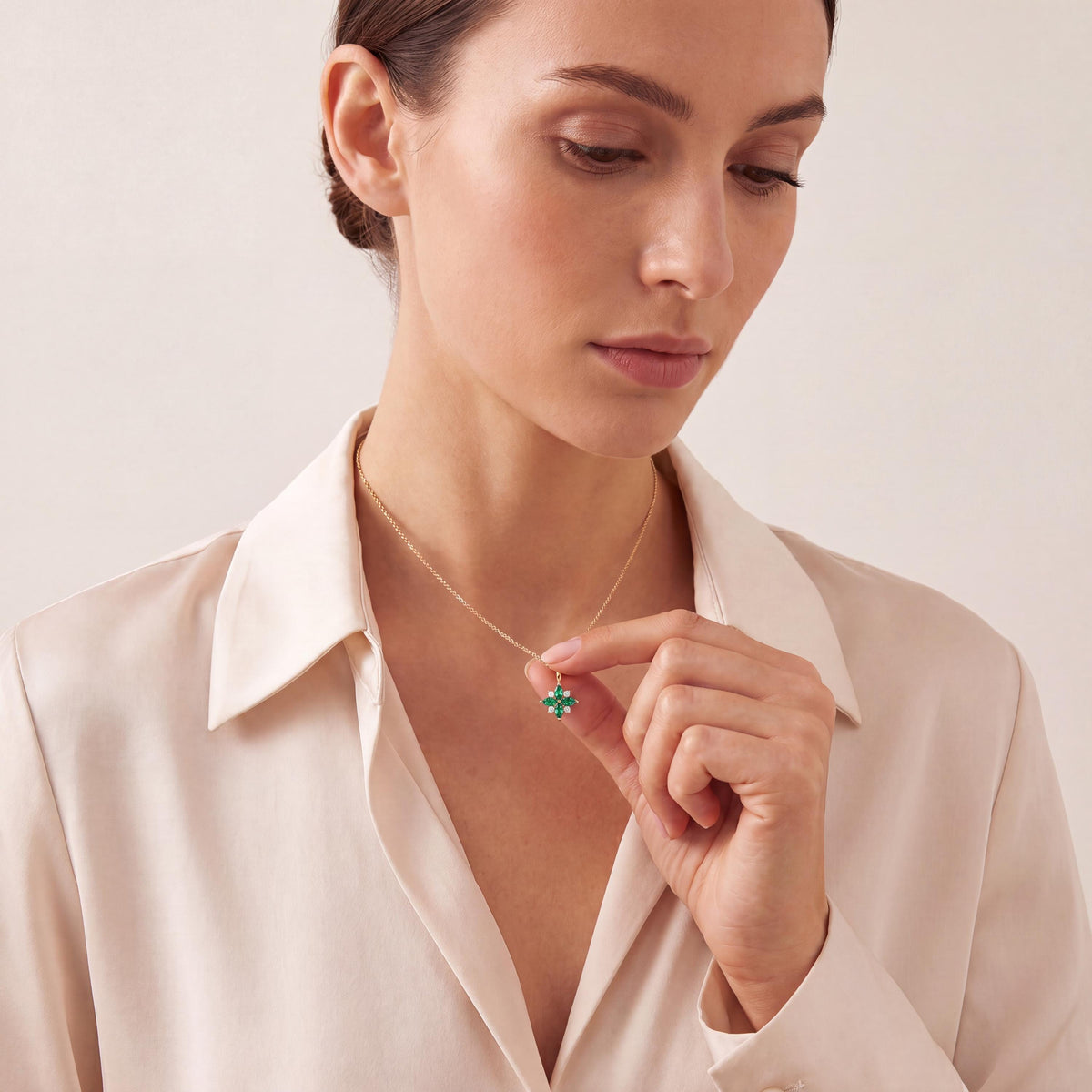 Marquise Emerald & Diamond Dainty Cluster Pendant Necklace 14K Solid Gold