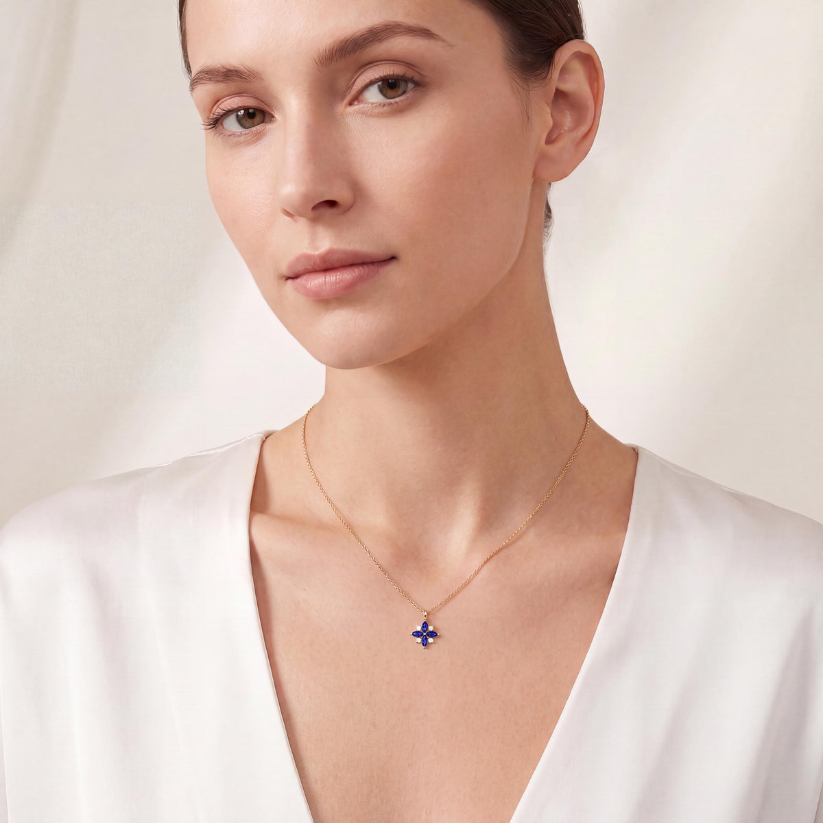 Marquise Sapphire & Diamond Dainty Cluster Pendant Necklace 14K Solid Gold