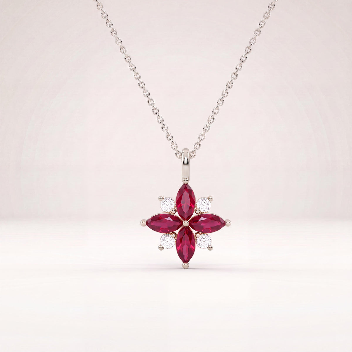 Marquise Ruby & Diamond Dainty Cluster Pendant Necklace 14K Solid Gold