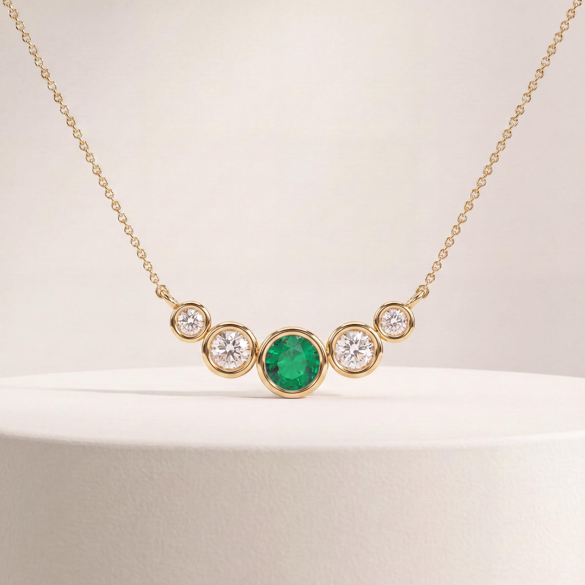Round Emerald & Diamond Five Stone Graduated Bezel Necklace 14K Solid Gold Pendant