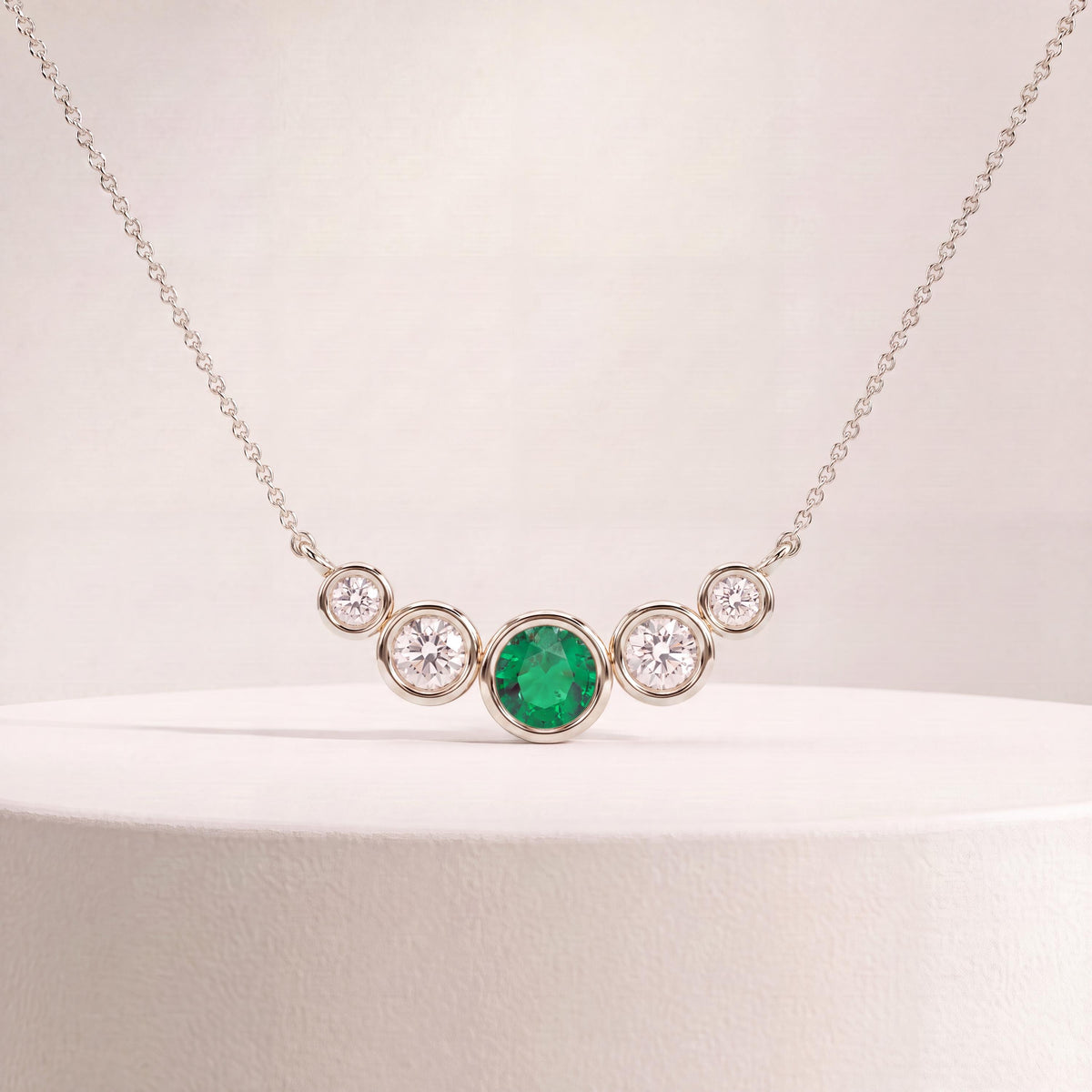 Round Emerald & Diamond Five Stone Graduated Bezel Necklace 14K Solid Gold Pendant