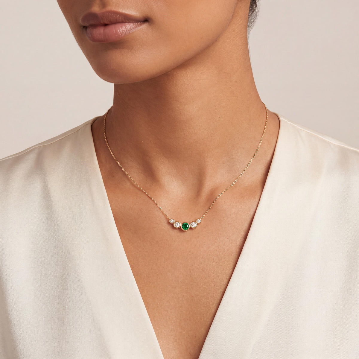 Round Emerald & Diamond Five Stone Graduated Bezel Necklace 14K Solid Gold Pendant