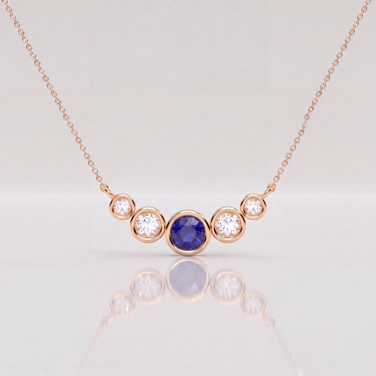 Round Sapphire & Diamond Five Stone Graduated Bezel Necklace 14K Solid Gold Pendant
