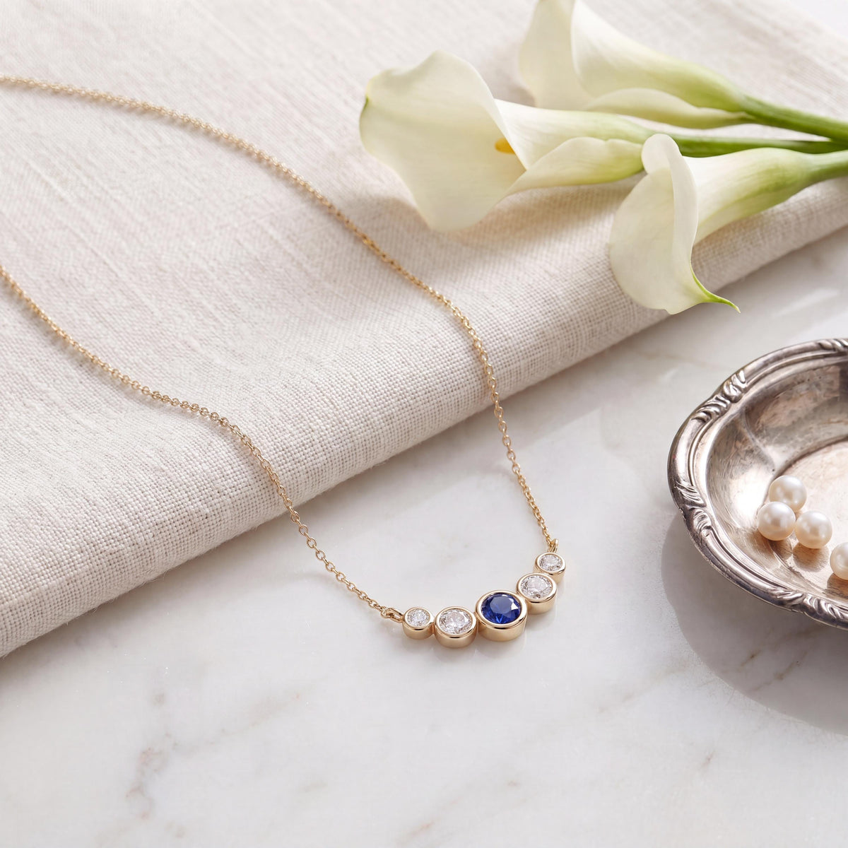 Round Sapphire & Diamond Five Stone Graduated Bezel Necklace 14K Solid Gold Pendant