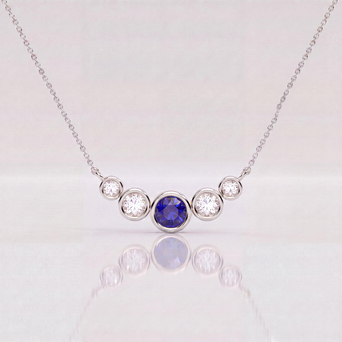Round Sapphire & Diamond Five Stone Graduated Bezel Necklace 14K Solid Gold Pendant