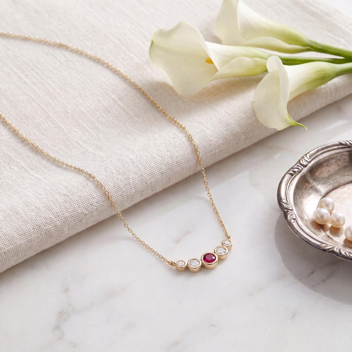 Round Ruby & Diamond Five Stone Graduated Bezel Necklace 14K Solid Gold Pendant