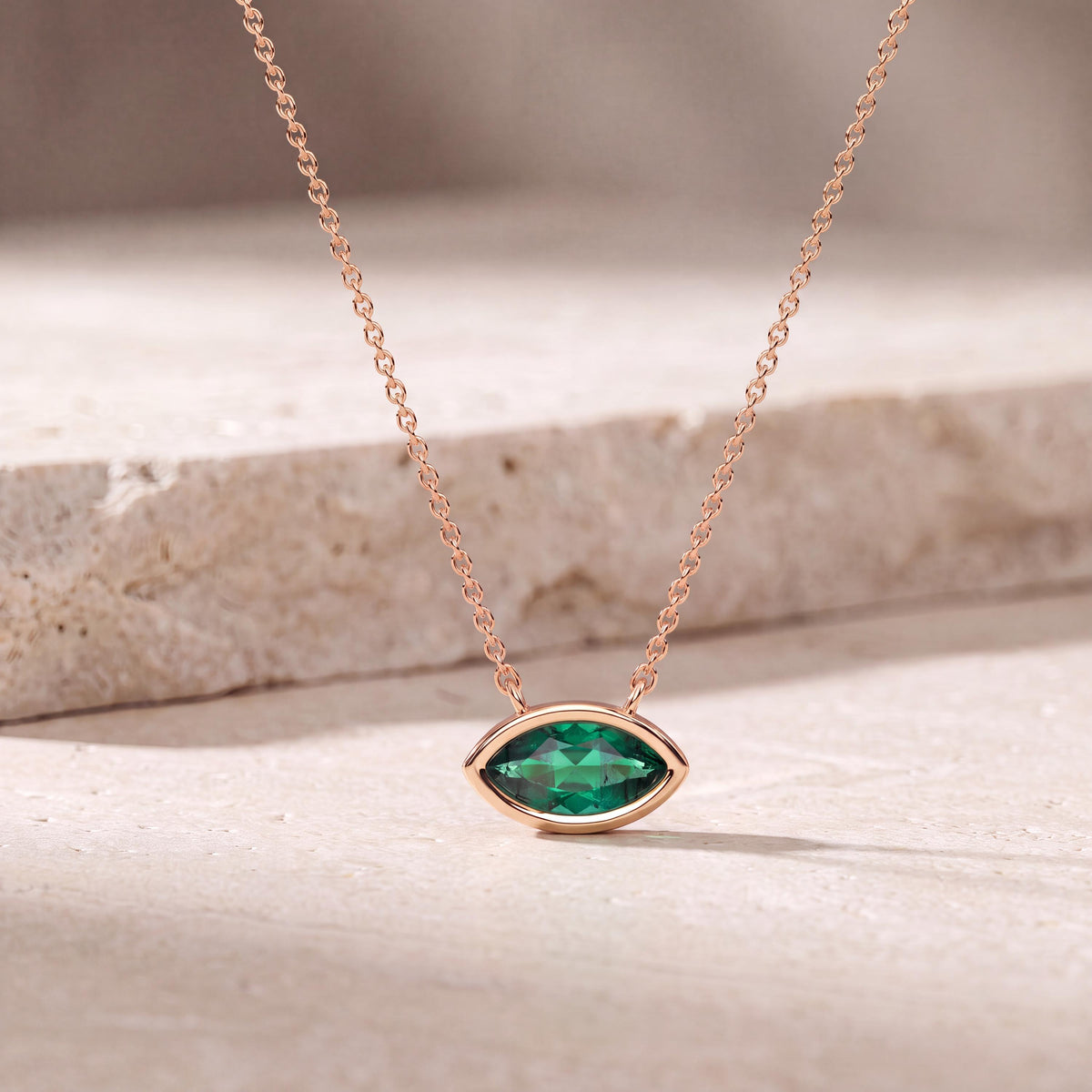 Marquise Solitaire Emerald Dainty Bezel Set 14K Solid Gold Pendant Necklace