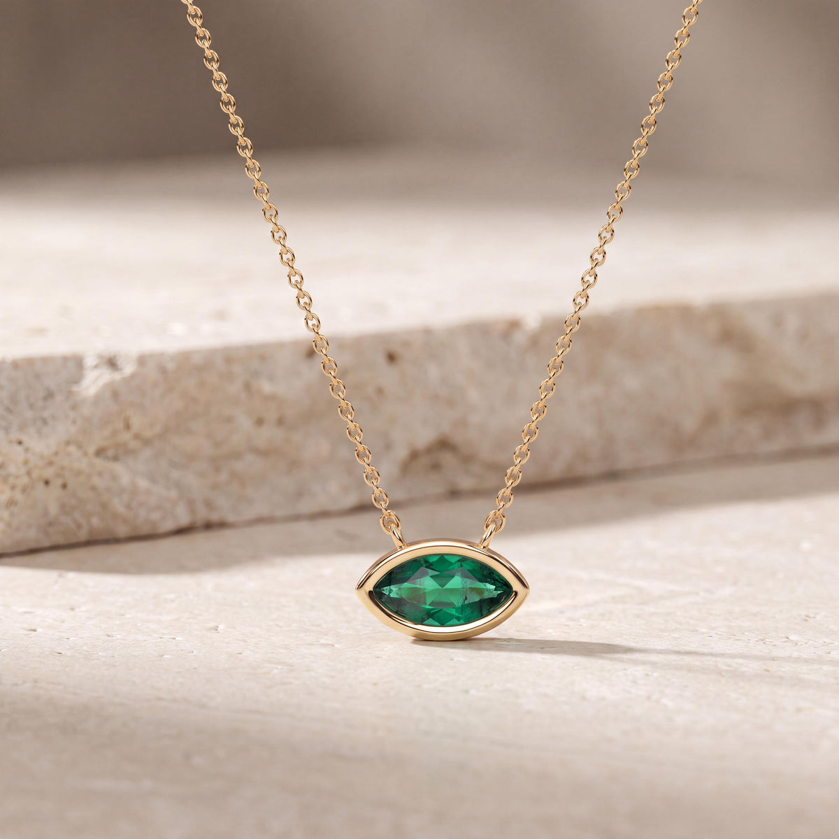 Marquise Solitaire Emerald Dainty Bezel Set 14K Solid Gold Pendant Necklace