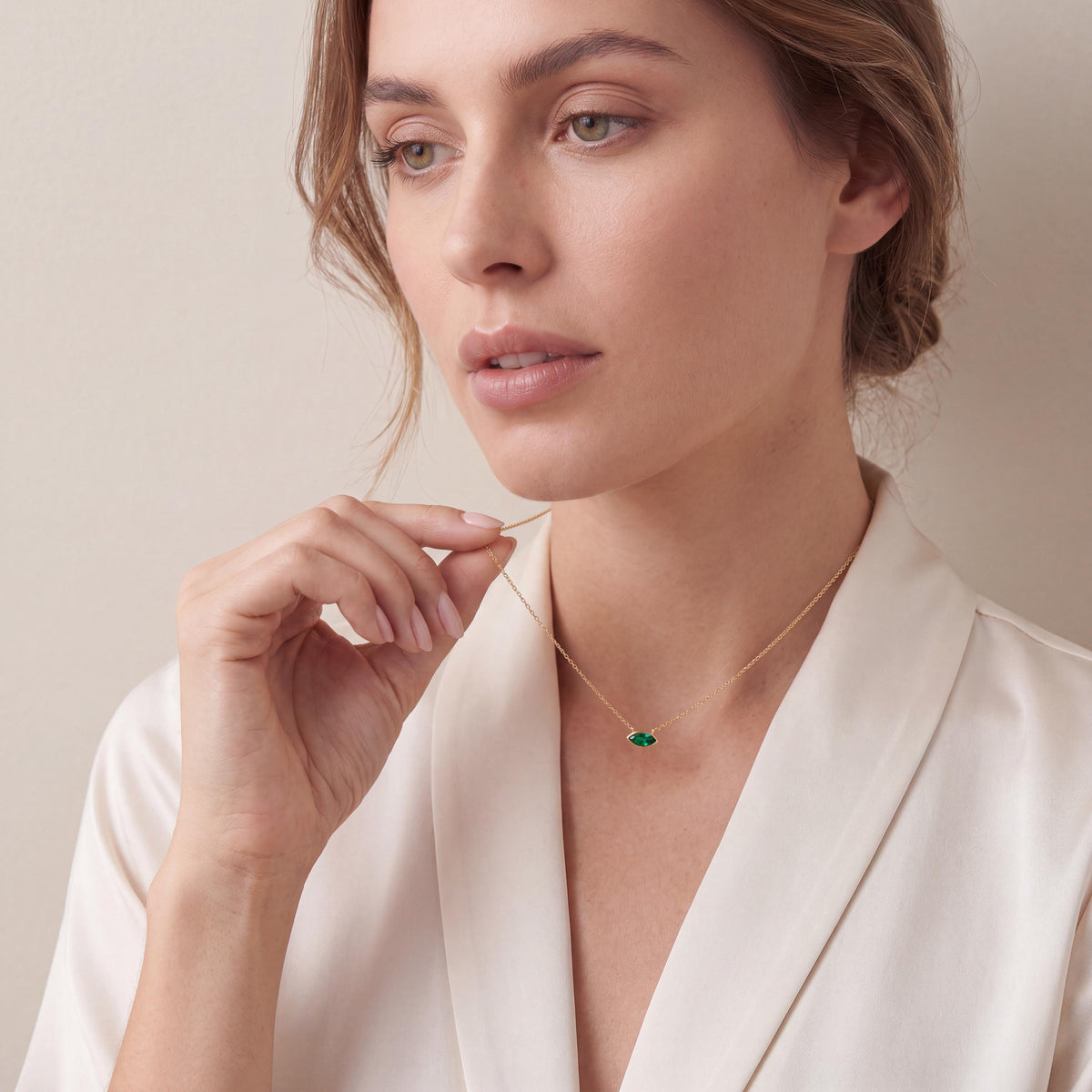 Marquise Solitaire Emerald Dainty Bezel Set 14K Solid Gold Pendant Necklace