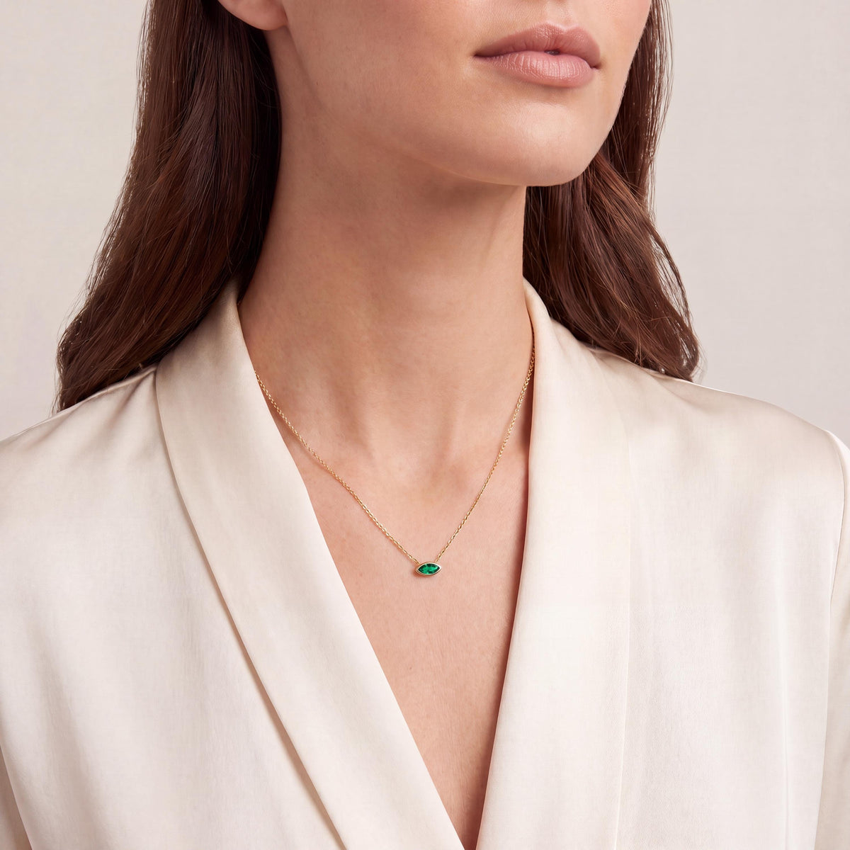 Marquise Solitaire Emerald Dainty Bezel Set 14K Solid Gold Pendant Necklace
