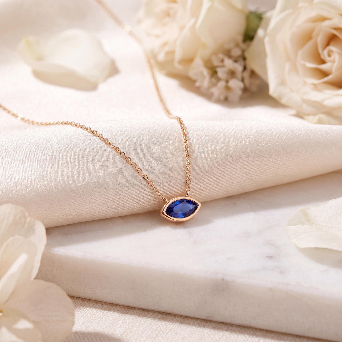 Marquise Solitaire Sapphire Dainty Bezel Set 14K Solid Gold Pendant Necklace