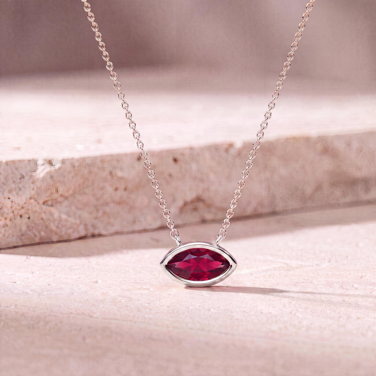 Marquise Solitaire Ruby Dainty Bezel Set 14K Solid Gold Pendant Necklace