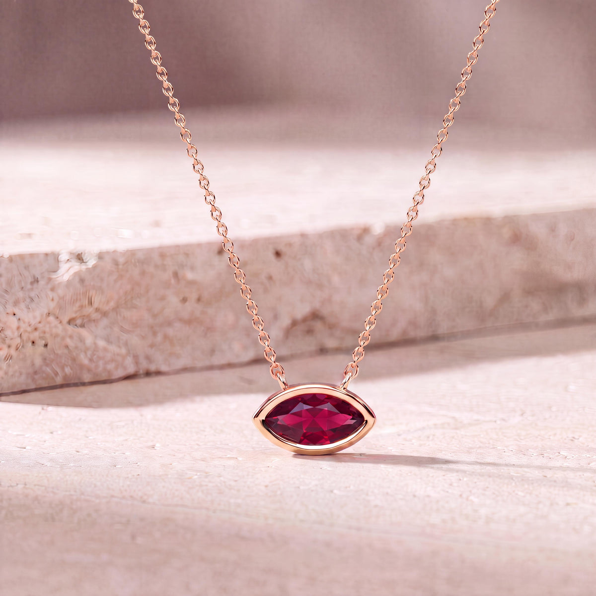 Marquise Solitaire Ruby Dainty Bezel Set 14K Solid Gold Pendant Necklace