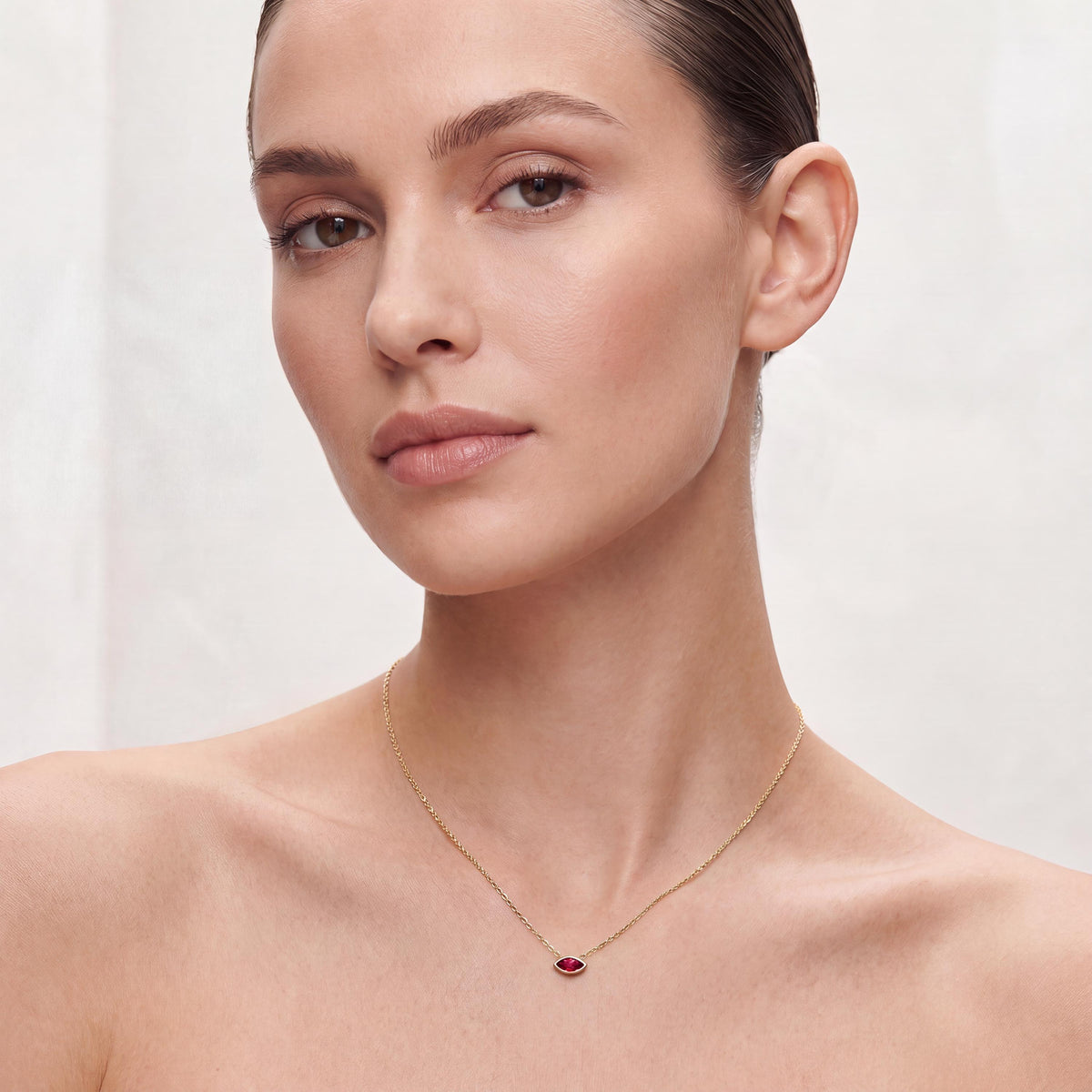 Marquise Solitaire Ruby Dainty Bezel Set 14K Solid Gold Pendant Necklace
