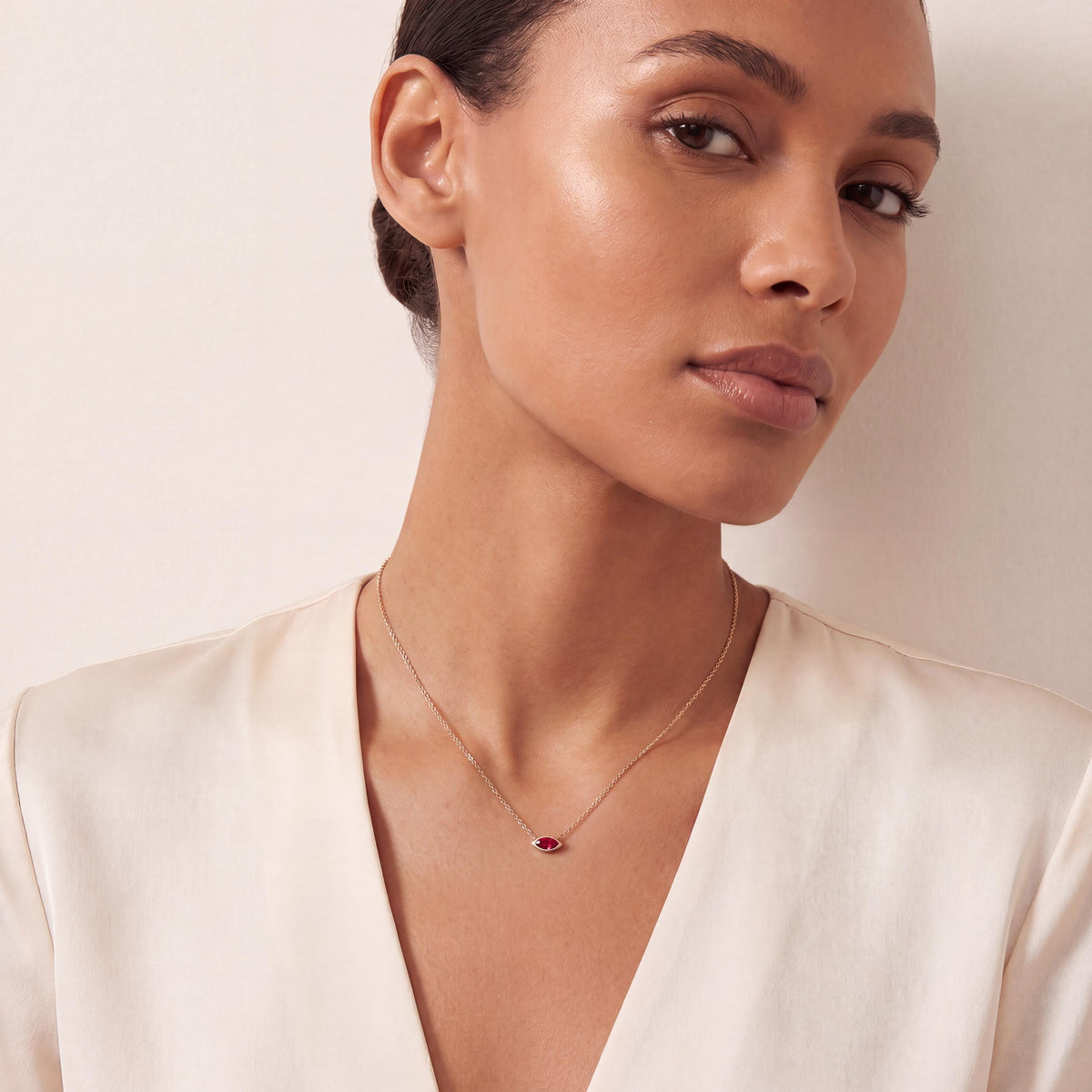 Marquise Solitaire Ruby Dainty Bezel Set 14K Solid Gold Pendant Necklace