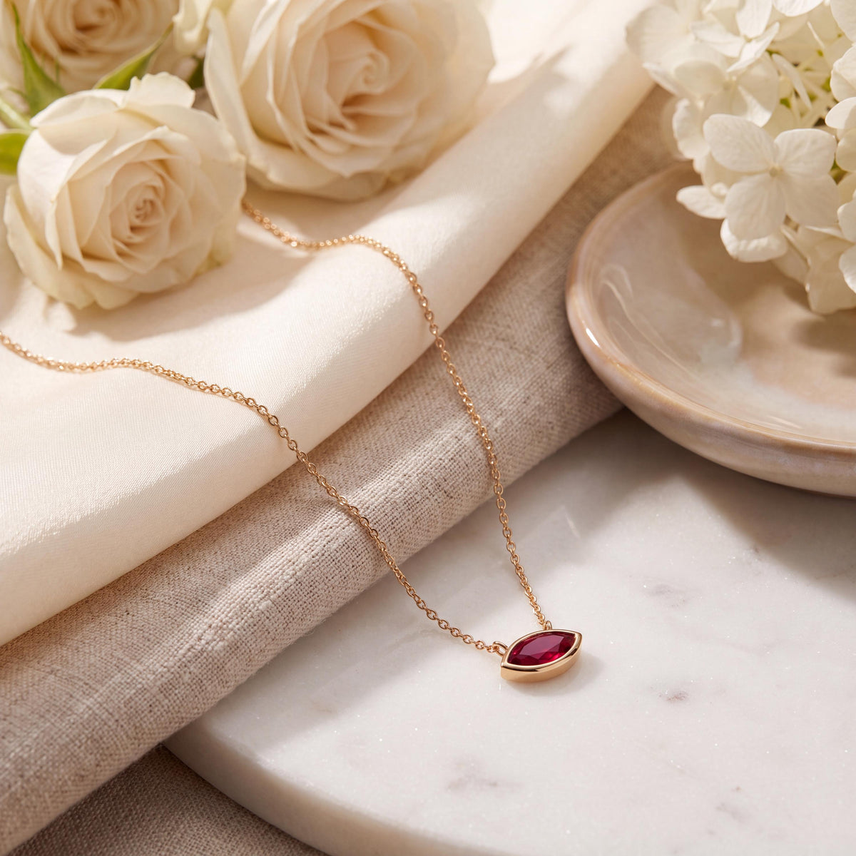 Marquise Solitaire Ruby Dainty Bezel Set 14K Solid Gold Pendant Necklace