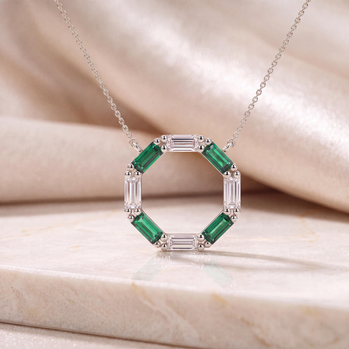Baguette Emerald & Diamond Octagon Dainty 14K Solid Gold Pendant Necklace