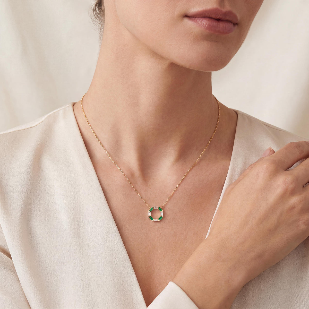Baguette Emerald & Diamond Octagon Dainty 14K Solid Gold Pendant Necklace