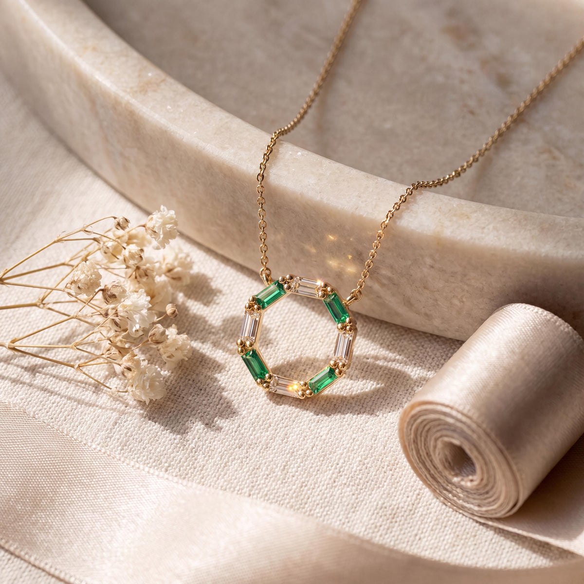 Baguette Emerald & Diamond Octagon Dainty 14K Solid Gold Pendant Necklace