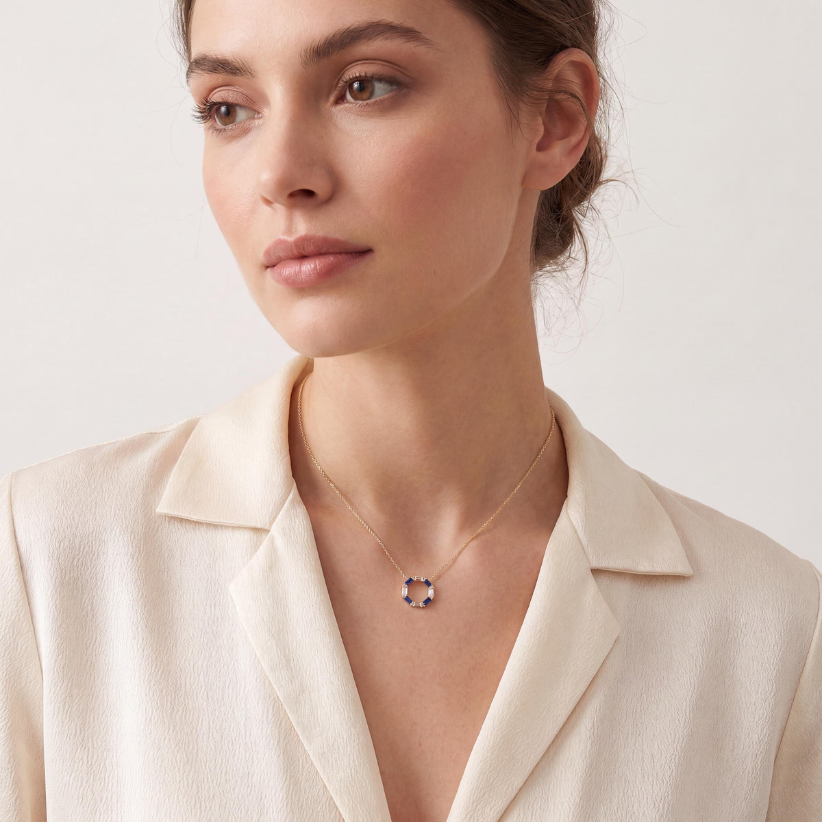 Baguette Sapphire & Diamond Octagon Dainty 14K Solid Gold Pendant Necklace