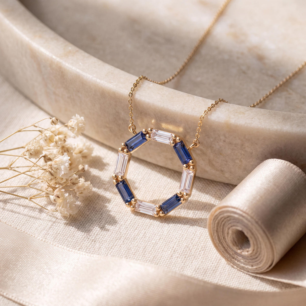 Baguette Sapphire & Diamond Octagon Dainty 14K Solid Gold Pendant Necklace